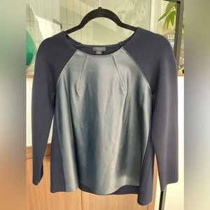 EUC Women’s J CREW Navy Merino Wool Sweater With Leather Front M